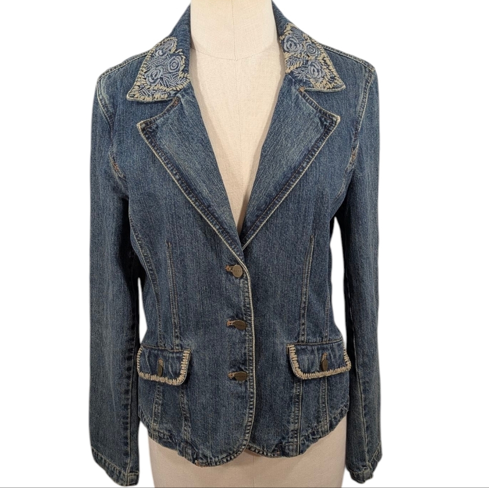 Y2K aXcess cotton denim, floral embroidered, 3 button jean jacket. Size 14